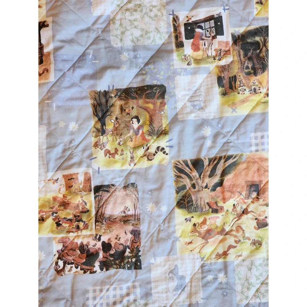 Vintage Disney Snow White Seven Dwarfs Quilt Bedspread Blue Patchwork Storybook